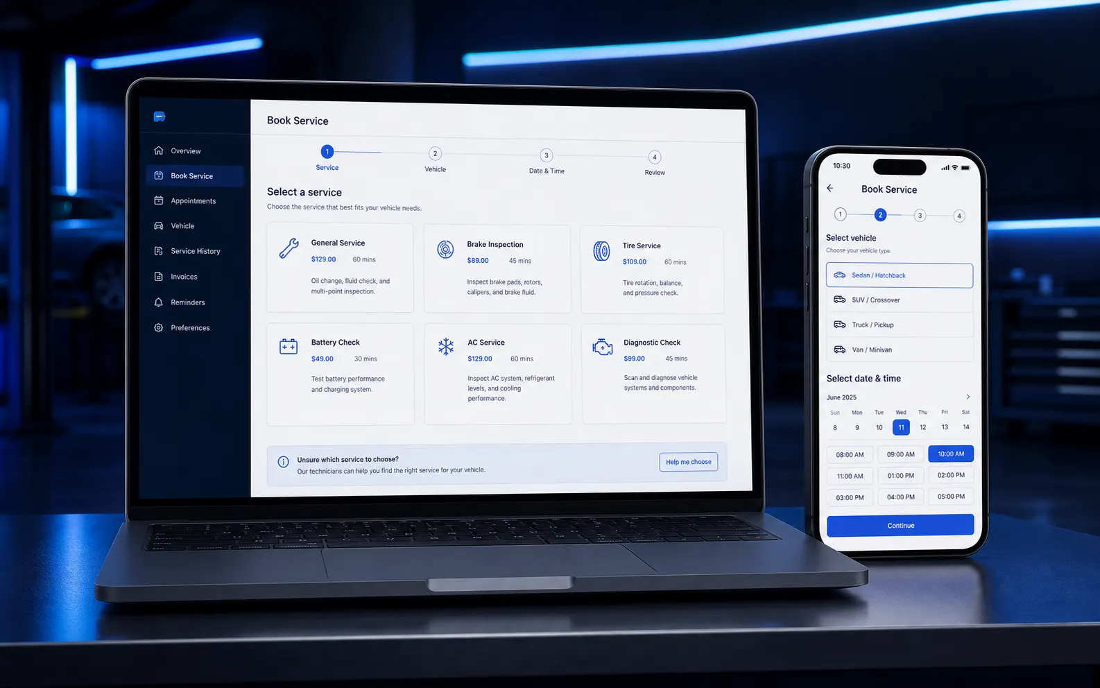 Anonymized automotive workshop booking flow